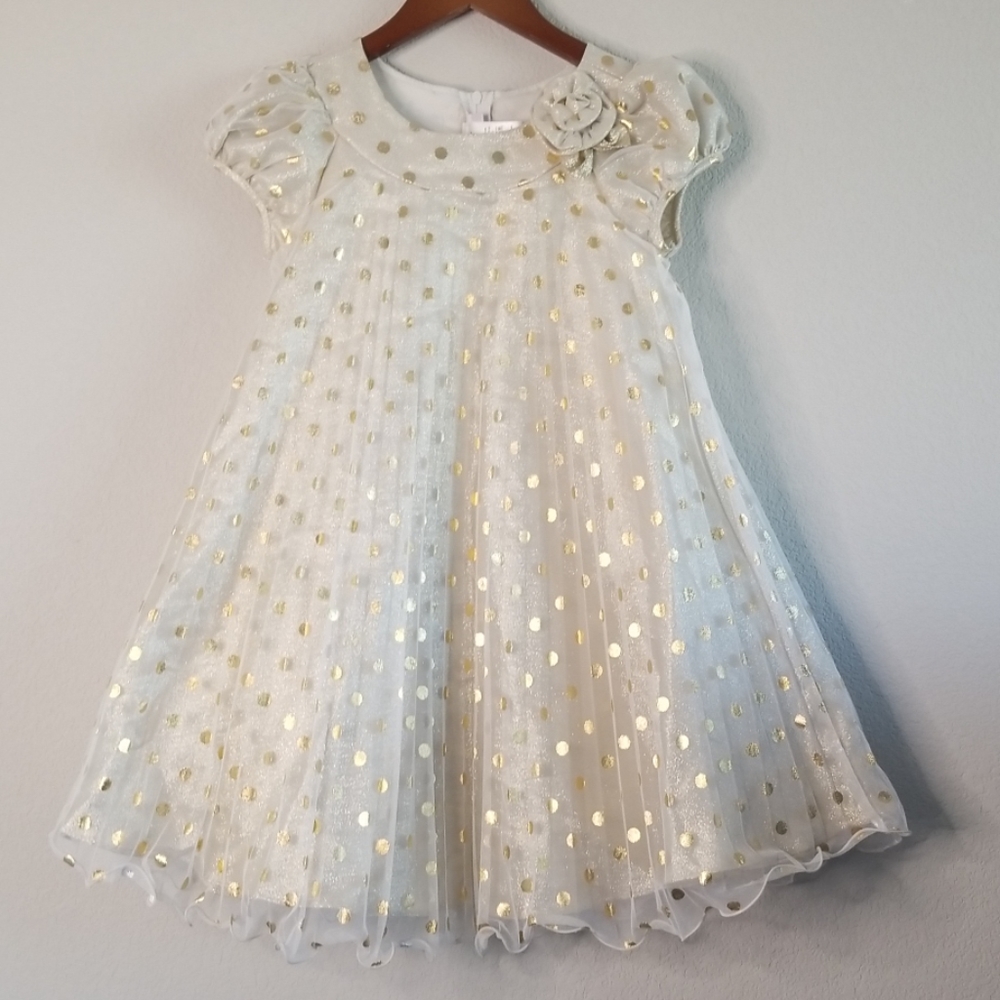 Jessica Ann Gold Metallic Tulle Overlay Dot Dress